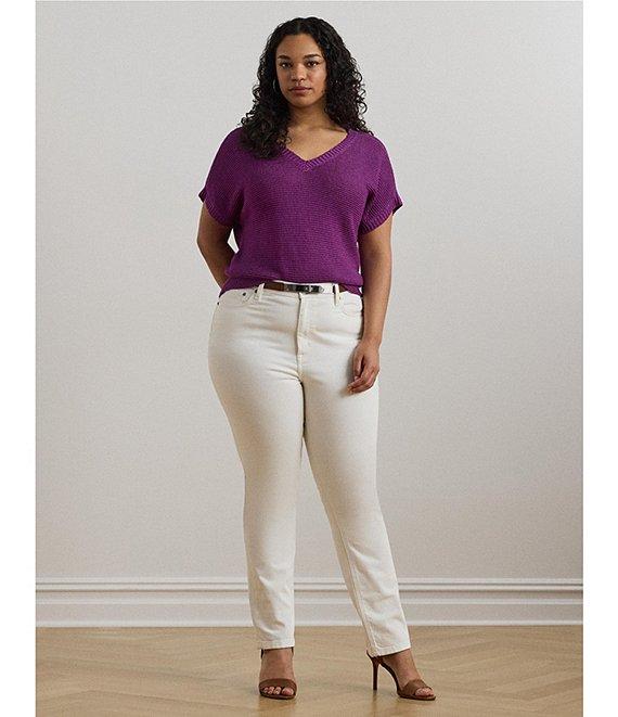 Lauren Ralph Lauren Plus Size Linen Blend V-Neck Short Sleeve Sweater Product Image