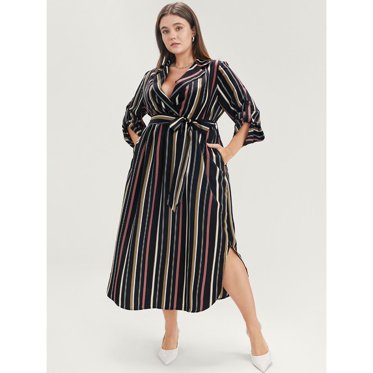 Plus Size Striped Lapel Collar Cuffed Sleeve Pocket Belted Arc Hem Dress DarkBlue Women Office Belted Lapel Collar Long Sleeve Curvy Midi Dress BloomChic 30/6X Product Image