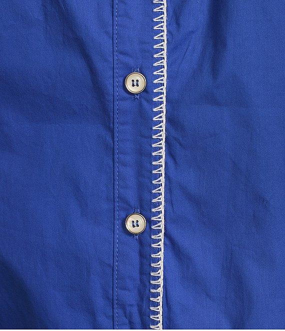 Calessa Petite Size Woven Embroidered Split V-Neck 3/4 Sleeve Button Front Tunic Product Image