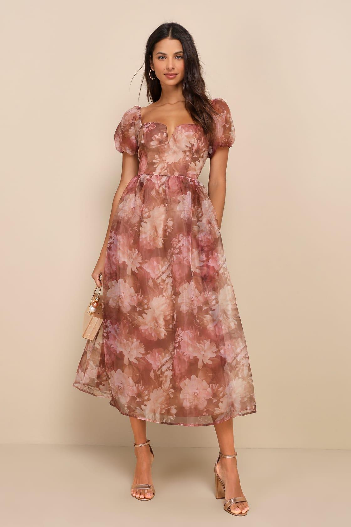 Lovely Statement Light Brown Floral Organza Tie-Back Midi Dress Product Image