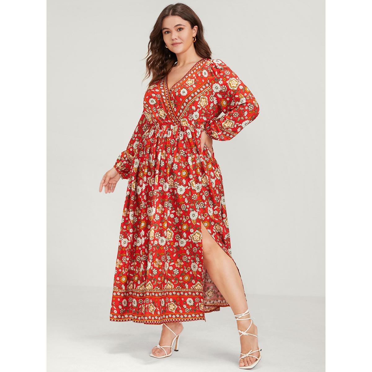 Plus Size Floral Split Pocket Wrap Lantern Sleeve Ruffled Maxi Dress Red Women Vacation Wrap V-neck Long Sleeve Curvy Long Dress BloomChic 12/L Product Image
