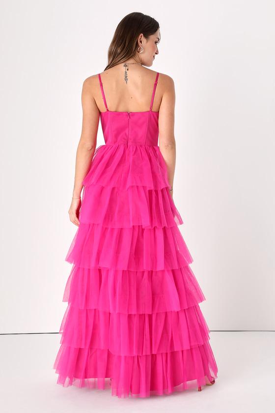 Rule the Runway Hot Pink Tulle Bustier Tiered Maxi Dress Product Image