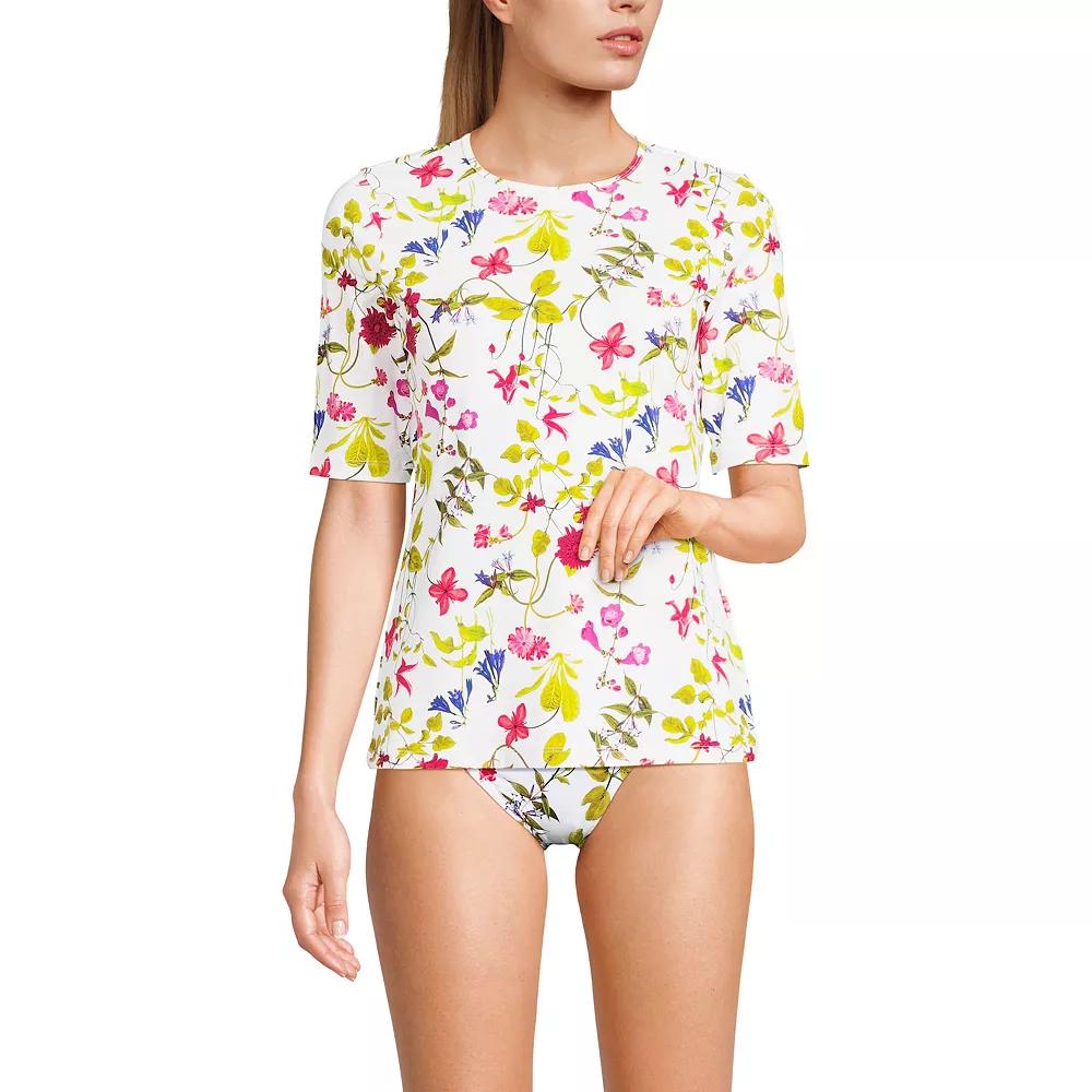 Women's Lands' End UPF 50 Elbow-Sleeve Rash Guard Swim Tee, Size: Medium, White Garden Floral Product Image