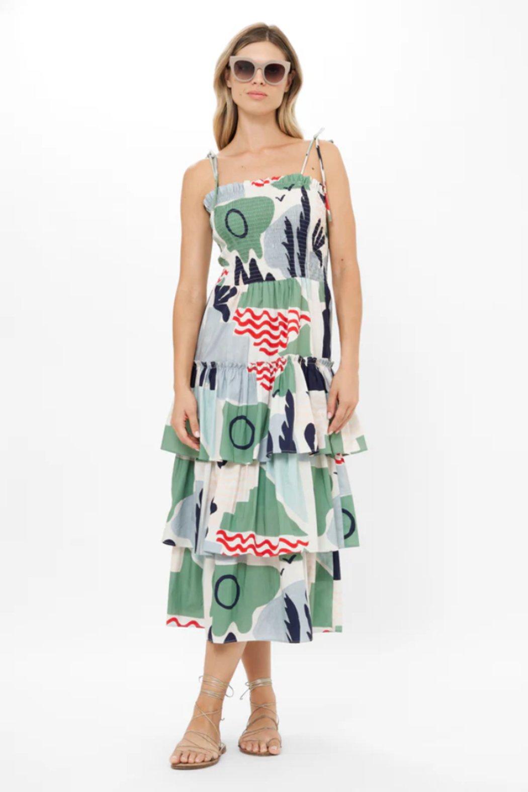 Smocked Tie Strap Midi - Riveria Sage Product Image