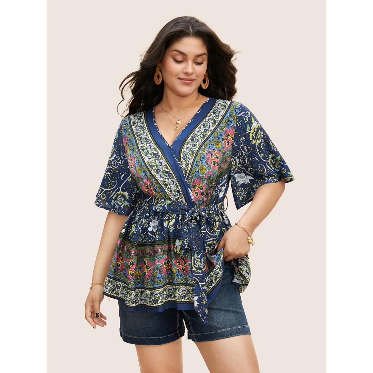 Plus Size Indigo Floral Print Ruffles Belted Blouse Women Boho Half Sleeve V-neck Vacation Blouses BloomChic 30/6X Product Image