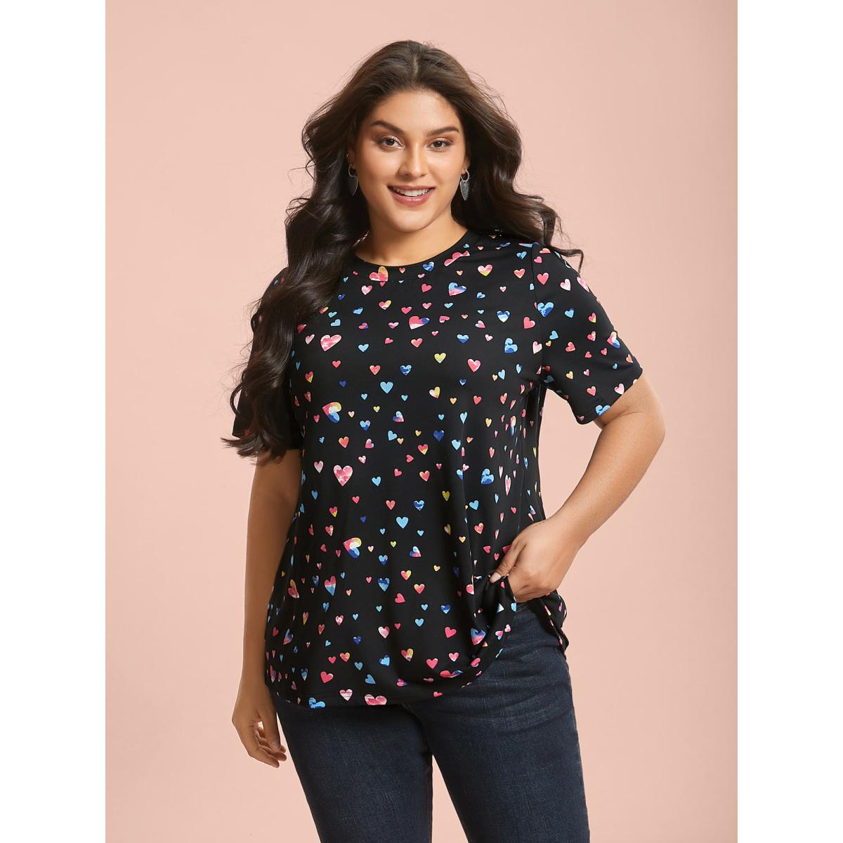 Plus Size Multi-Color Hearts Printed Stretchy T-Shirt Black Women Elegant Contrast Round Neck Everyday T-shirts BloomChic 18-20/2X Product Image