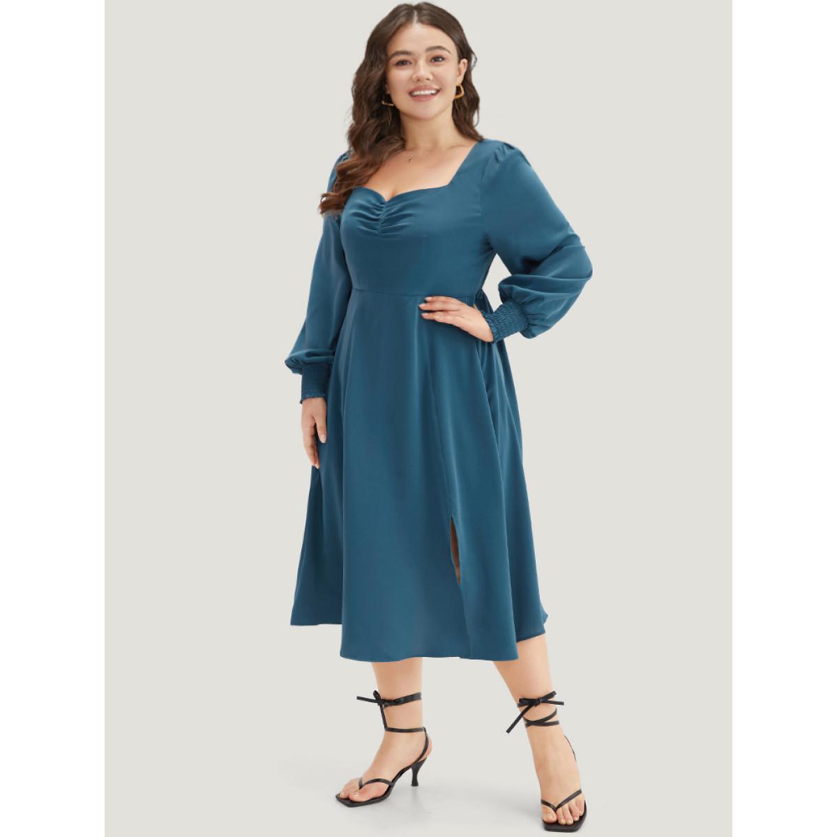 Plus Size Plain Shirred Ruched Split Side Dress Aegean Women Elegant Plain Square Neck Long Sleeve Curvy Midi Dress BloomChic 14-16/1X Product Image