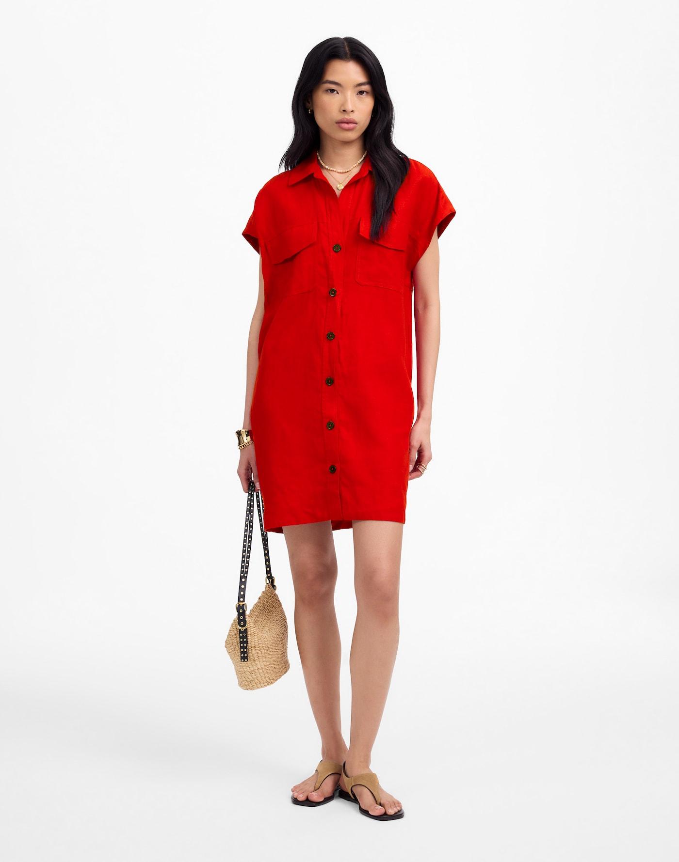 Utility Short-Sleeve Mini Shirtdress in 100% Linen Product Image