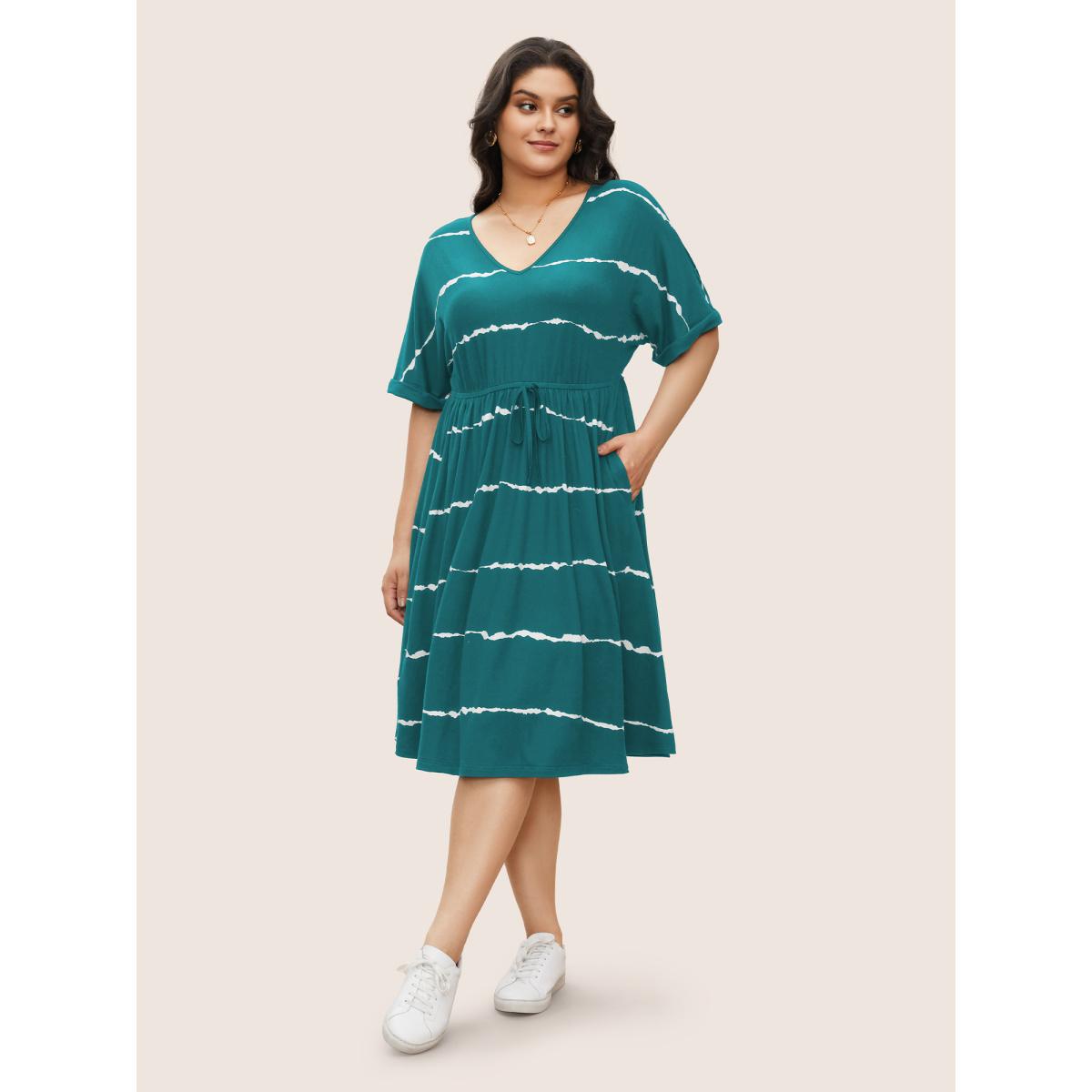 Plus Size Tie Dye Roll Dolman Sleeve Pocket Gathered Knot Striped Dress Moss Women Casual Non V-neck Short sleeve Curvy Midi Dress BloomChic 18-20/2X Product Image