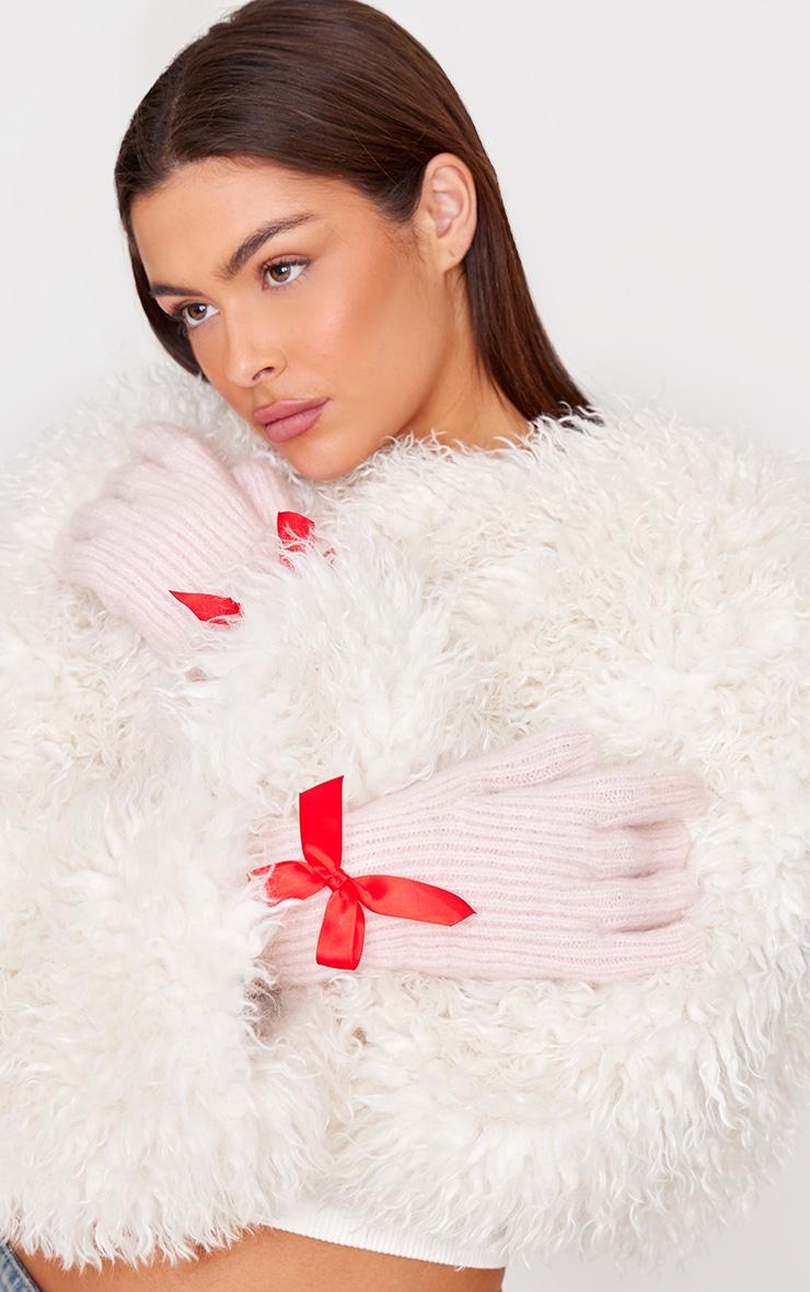 Pink Bow Detail Rib Gloves Product Image
