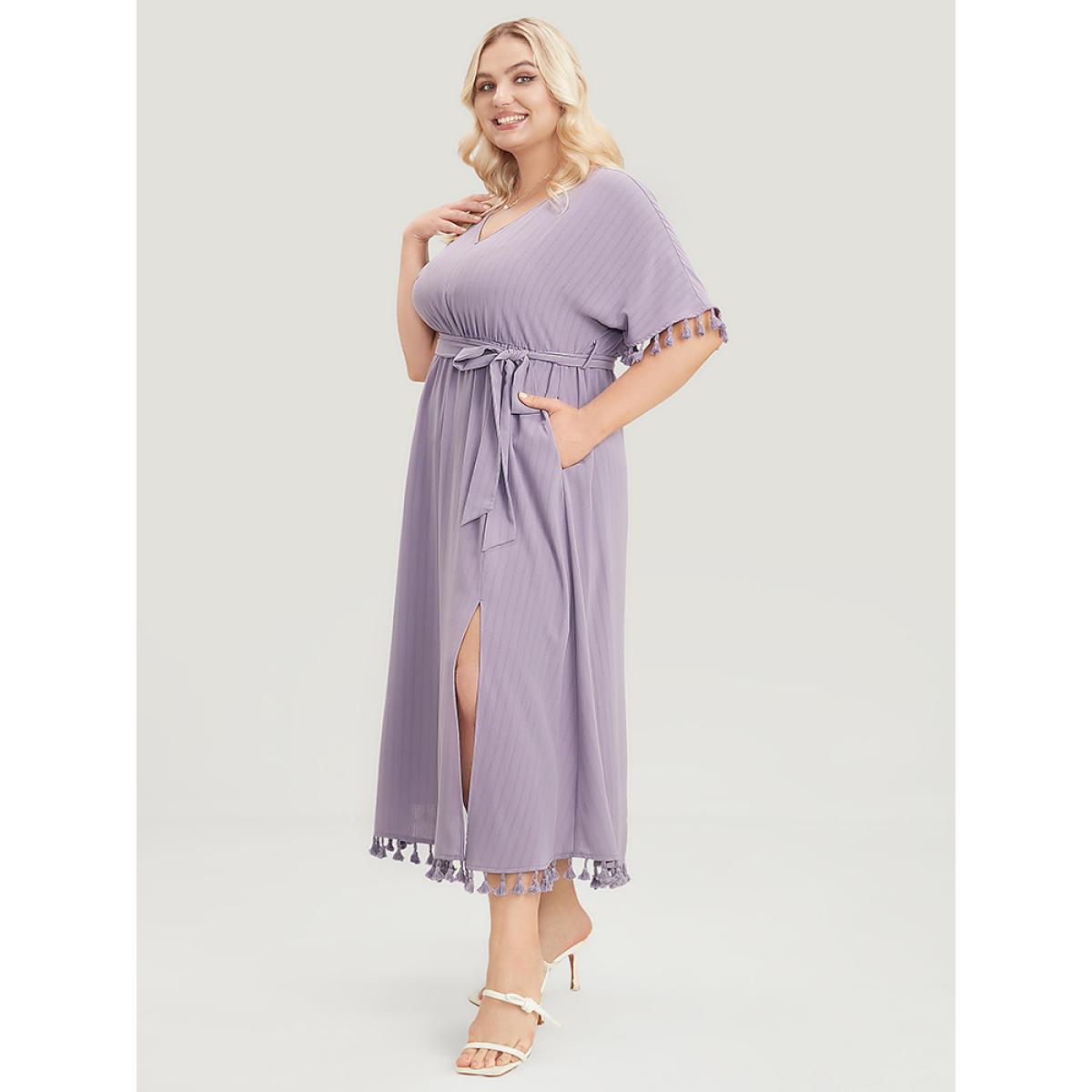 Plus Size Plain Striped Dolman Sleeve Split Belted Tassels Trim Dress Mauve Women Elegant Elastic Waist V-neck Half Sleeve Curvy Midi Dress BloomChic 28/5X Product Image