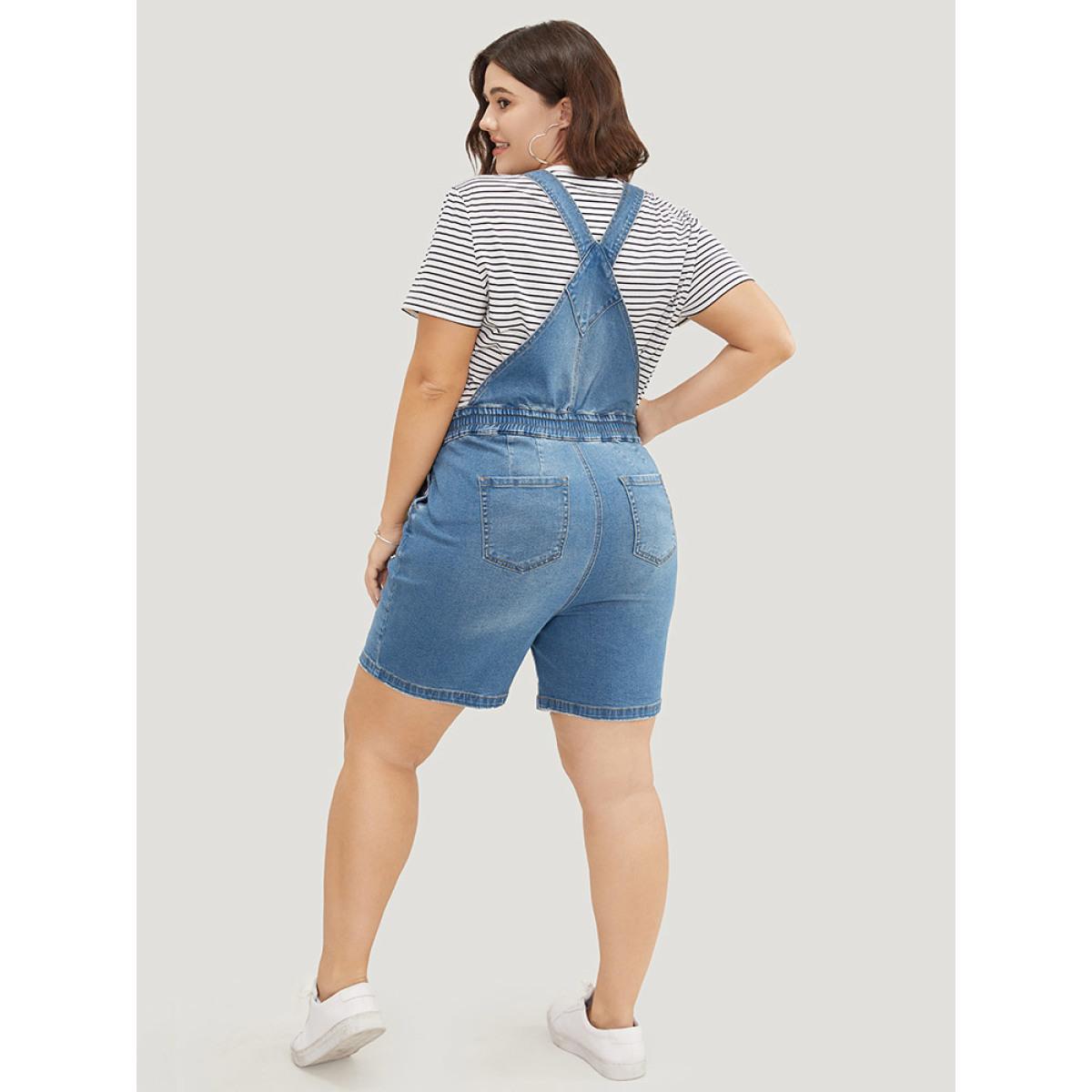 Plus Size Drawstring Button Up Dark Wash Denim Overalls Blue Women Plain Low stretch Dailywear Pocket Casual Denim Jumpsuits BloomChic 10/M Product Image