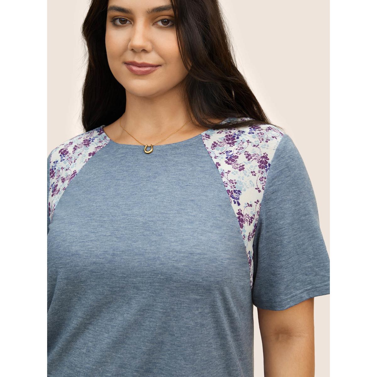 Plus Size Ditsy Floral Patchwork High Low Hem T-shirt Stone Women Elegant Non Natural Flowers Round Neck Everyday T-shirts BloomChic 14-16/1X Product Image