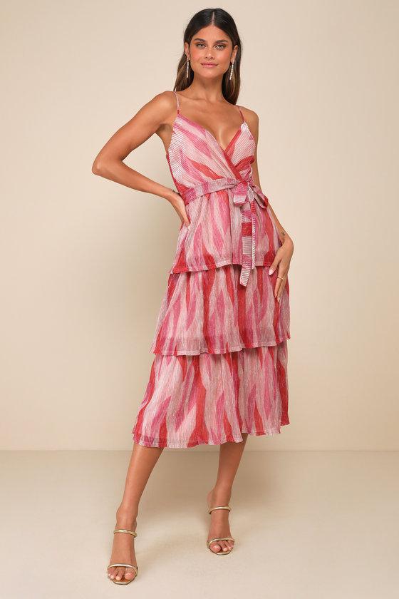 Vibrant Spirit Pink Abstract Plisse Surplice Tiered Midi Dress Product Image