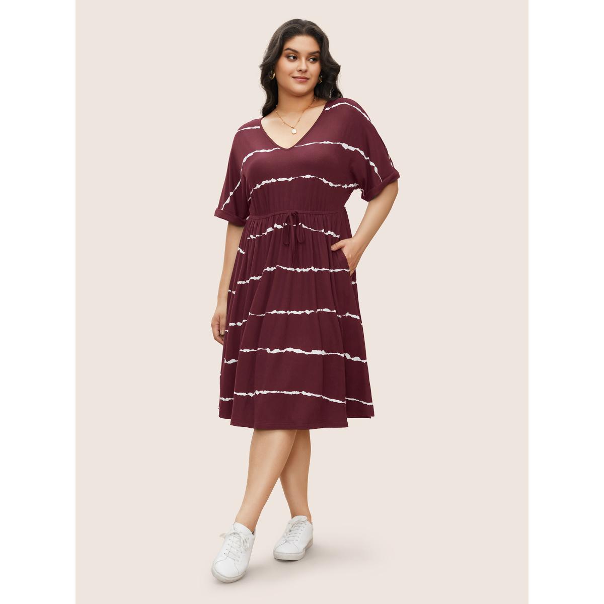 Plus Size Tie Dye Roll Dolman Sleeve Pocket Gathered Knot Striped Dress Scarlet Women Casual Non V-neck Short sleeve Curvy Midi Dress BloomChic 18-20/2X Product Image