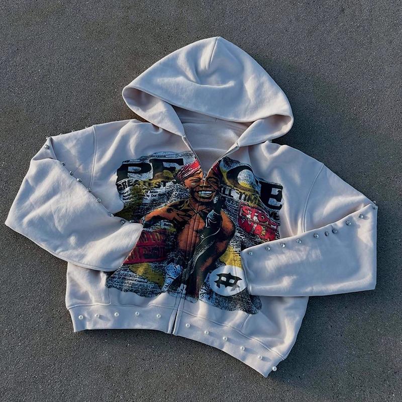 Three-Dimensional Rhinestones Zipper Loose Hoodie Sweatshirt Product Image