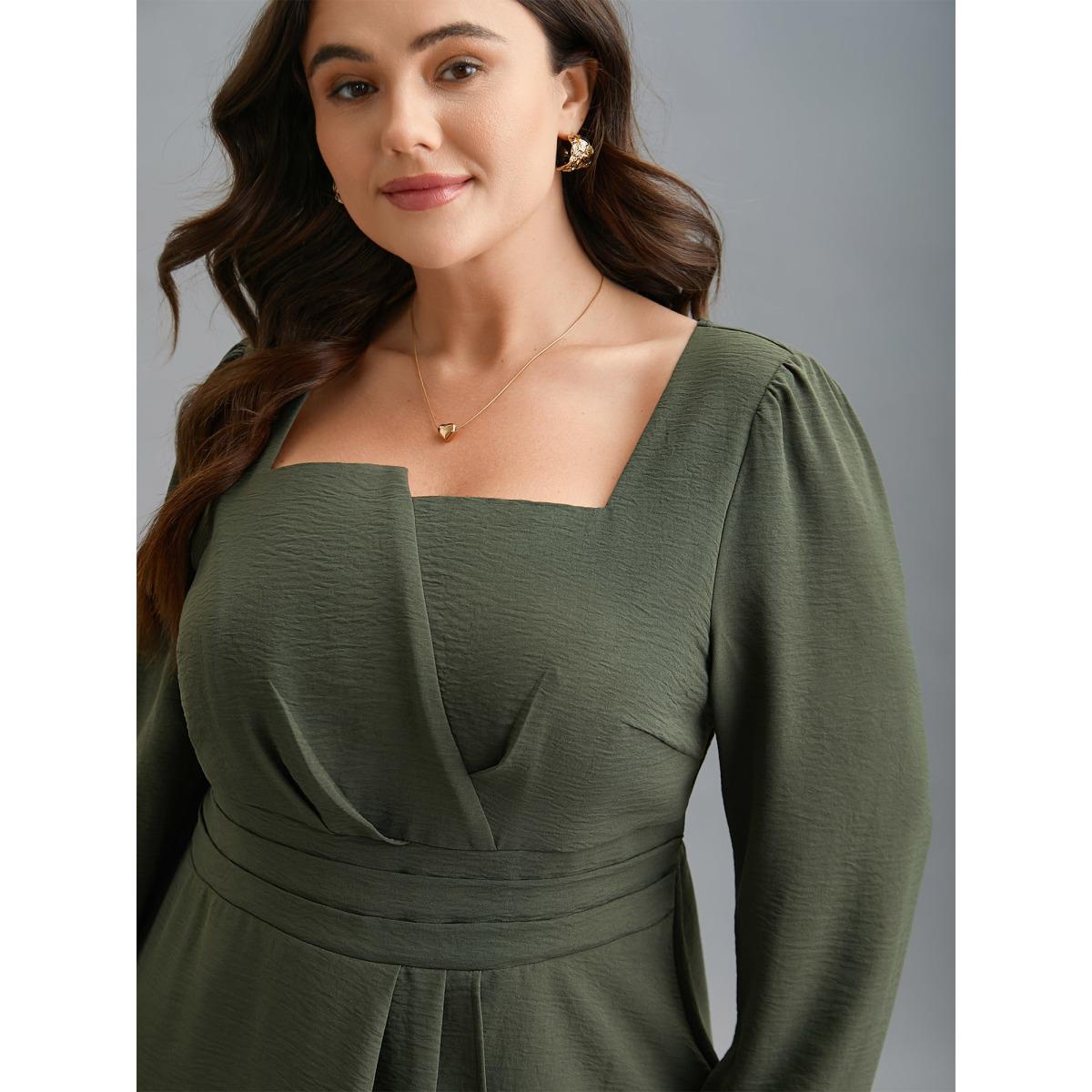 Plus Size ArmyGreen Asymmetrical Neckline Stretchy Waist Plicated Detail Blouse Women Elegant Extra Long Sleeve Asymmetrical Neck Everyday Blouses BloomChic 30/6X Product Image