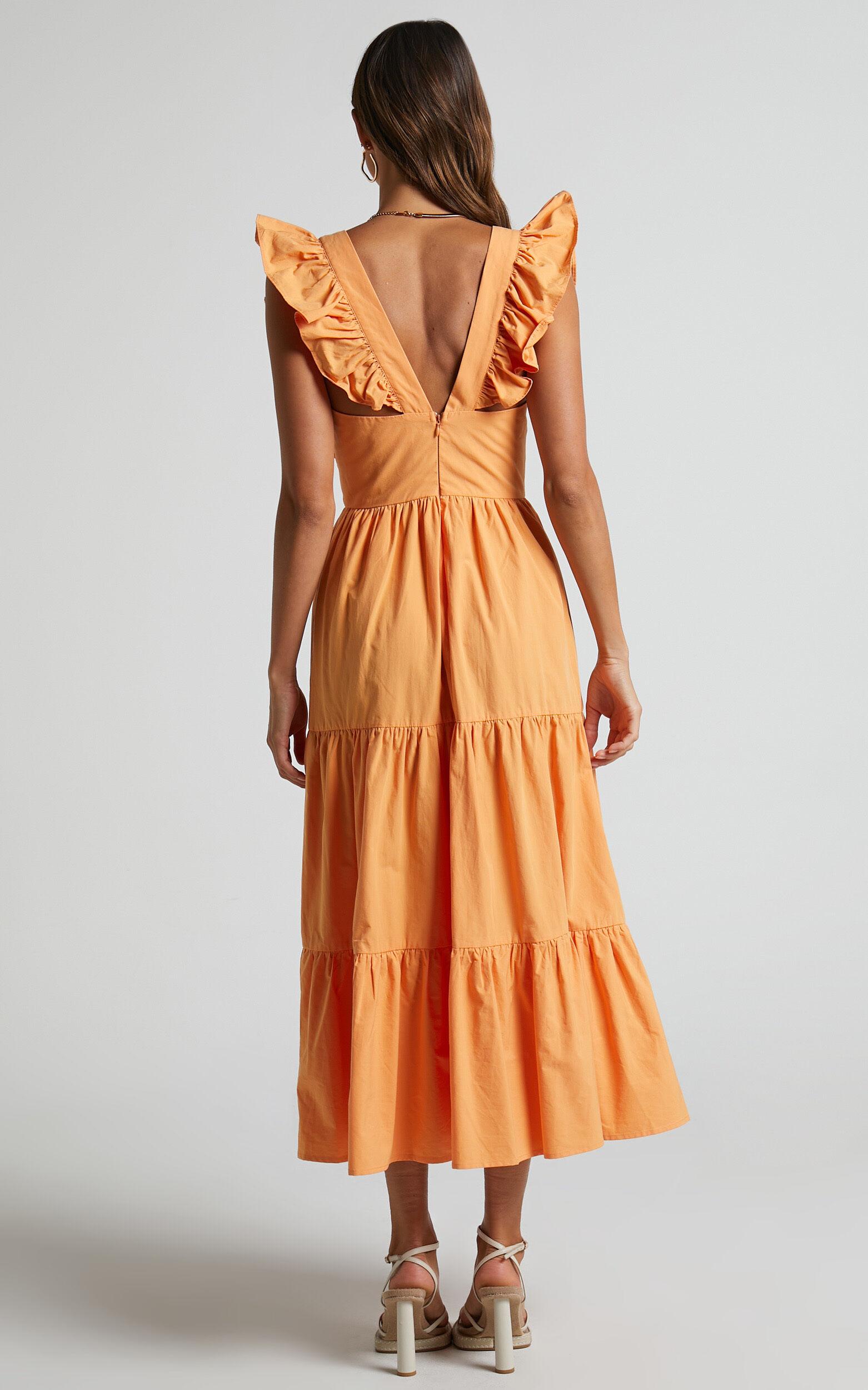 Levona Midi Dress - Ruffle Shoulder Tiered Dress in Orange Product Image