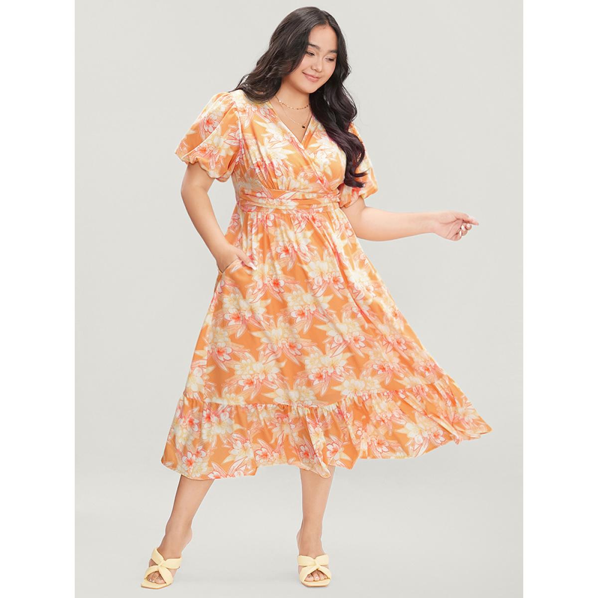 Plus Size Floral Print Puff Sleeve Gathered Pocket Wrap Ruffles Dress Salmon Women Elegant Pocket V-neck Short sleeve Curvy Midi Dress BloomChic 30/6X Product Image