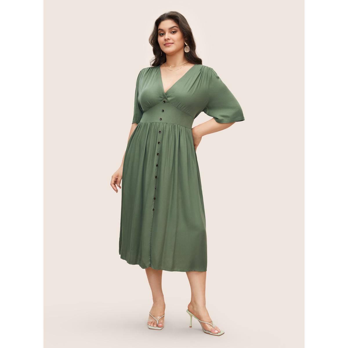 Plus Size Plunging Neck Button Detail Pocket Maxi Dress ArmyGreen Women Resort Gathered V-neck Short sleeve Curvy Long Dress BloomChic 12/L Product Image