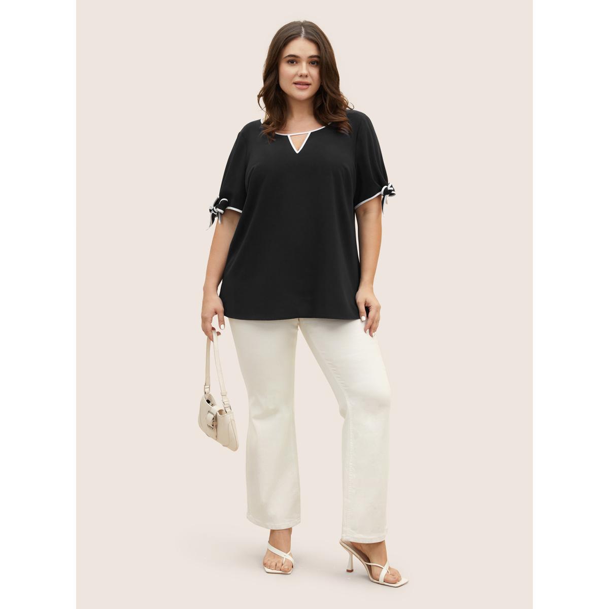 Plus Size Black Contrast Trim Keyhole Tie Knot Blouse Women Work From Home Short sleeve Notched collar Work Blouses BloomChic 30/6X Product Image