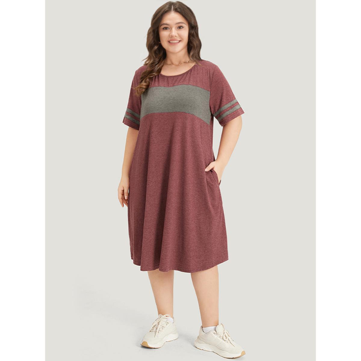 Plus Size Striped Patchwork Pocket Crew Neck Dress Scarlet Women Casual Patchwork Round Neck Short sleeve Curvy Midi Dress BloomChic 30/6X Product Image
