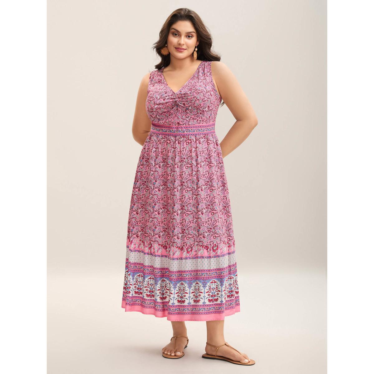 Plus Size Rayon Floral Print Stretchy Waist Maxi Dress DustyPink Women Boho V-neck Sleeveless Curvy BloomChic 10/M Product Image