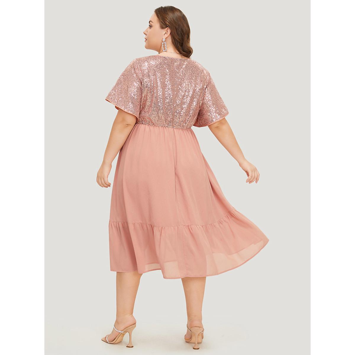 Plus Size Sequin Patchwork Belted Flutter Hem Midi Dress Crepe Women Party Lined V-neck Short sleeve Curvy Midi Dress BloomChic 12/L Product Image