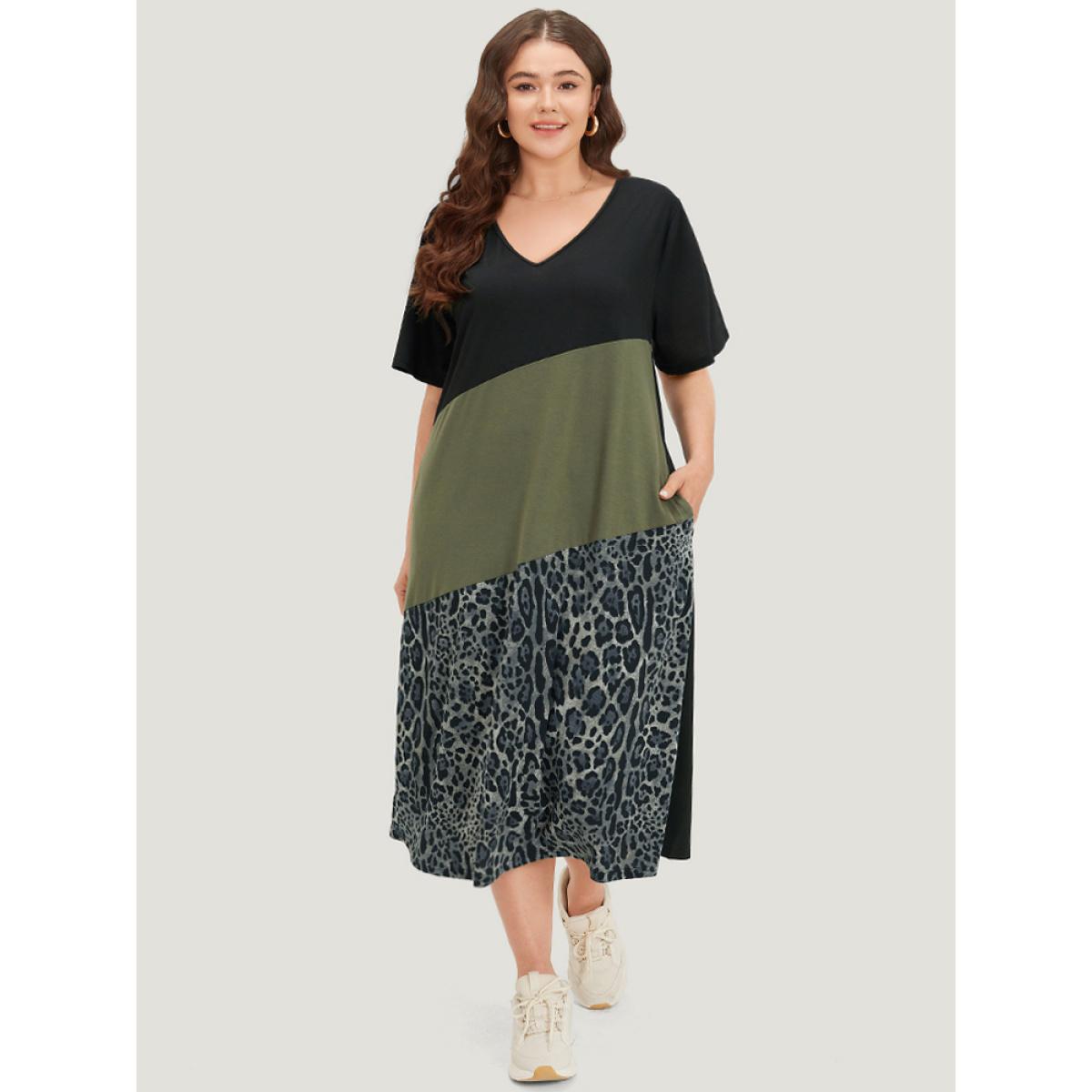 Plus Size Supersoft Essentials Leopard Patchwork Contrast Pocket Split Hem Dress Black Women Casual Patchwork V-neck Short sleeve Curvy Midi Dress BloomChic 28/5X Product Image