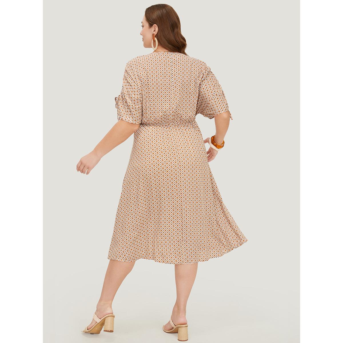 Plus Size Bandana Print Ruffles Pocket Wrap Drawstring Sleeve Dress LightBrown Women Vacation Wrap V-neck Short sleeve Curvy Midi Dress BloomChic 22-24/3X Product Image