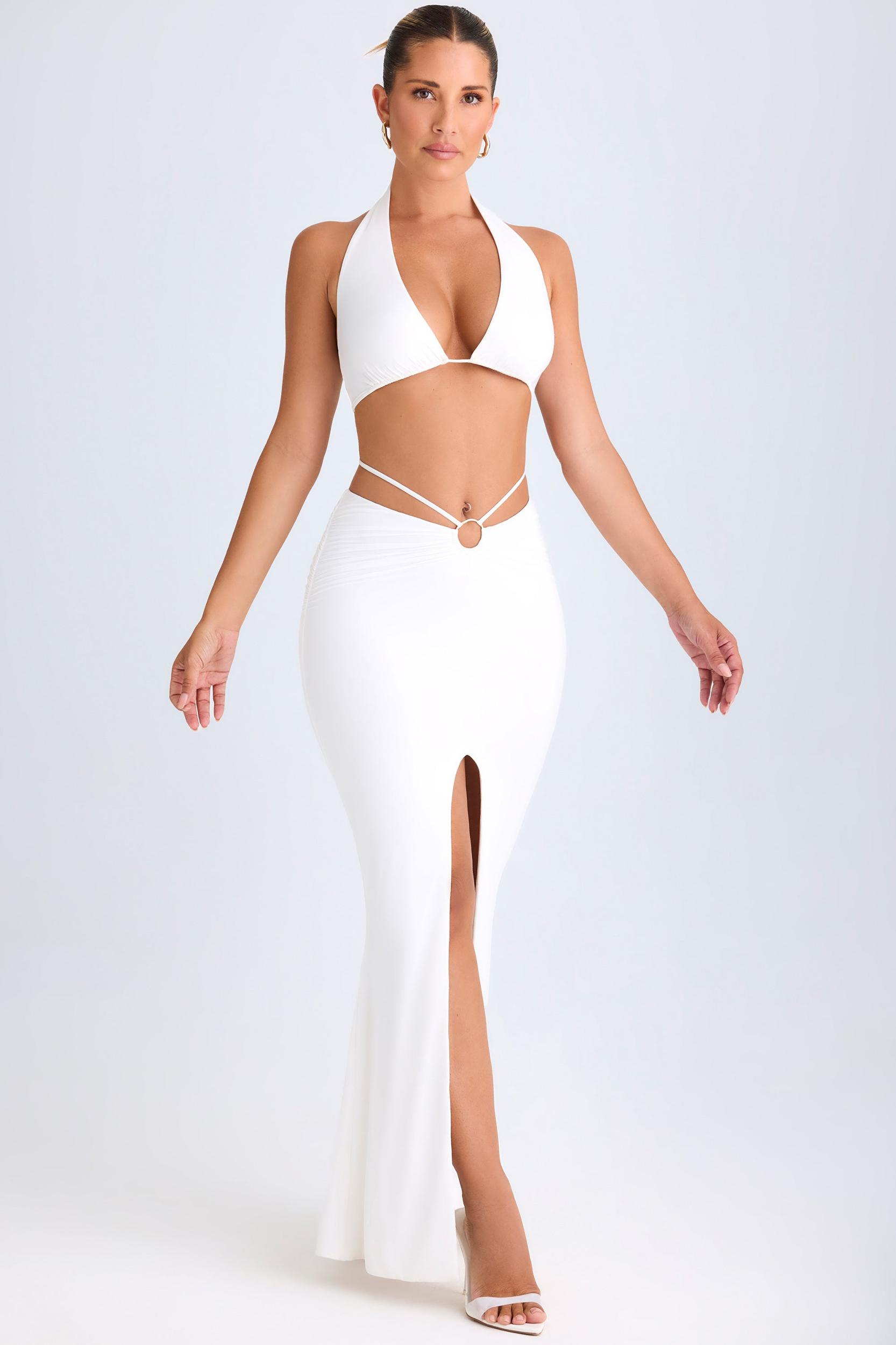 Plunge Hardware-Detail Halterneck Crop Top in White Female Product Image