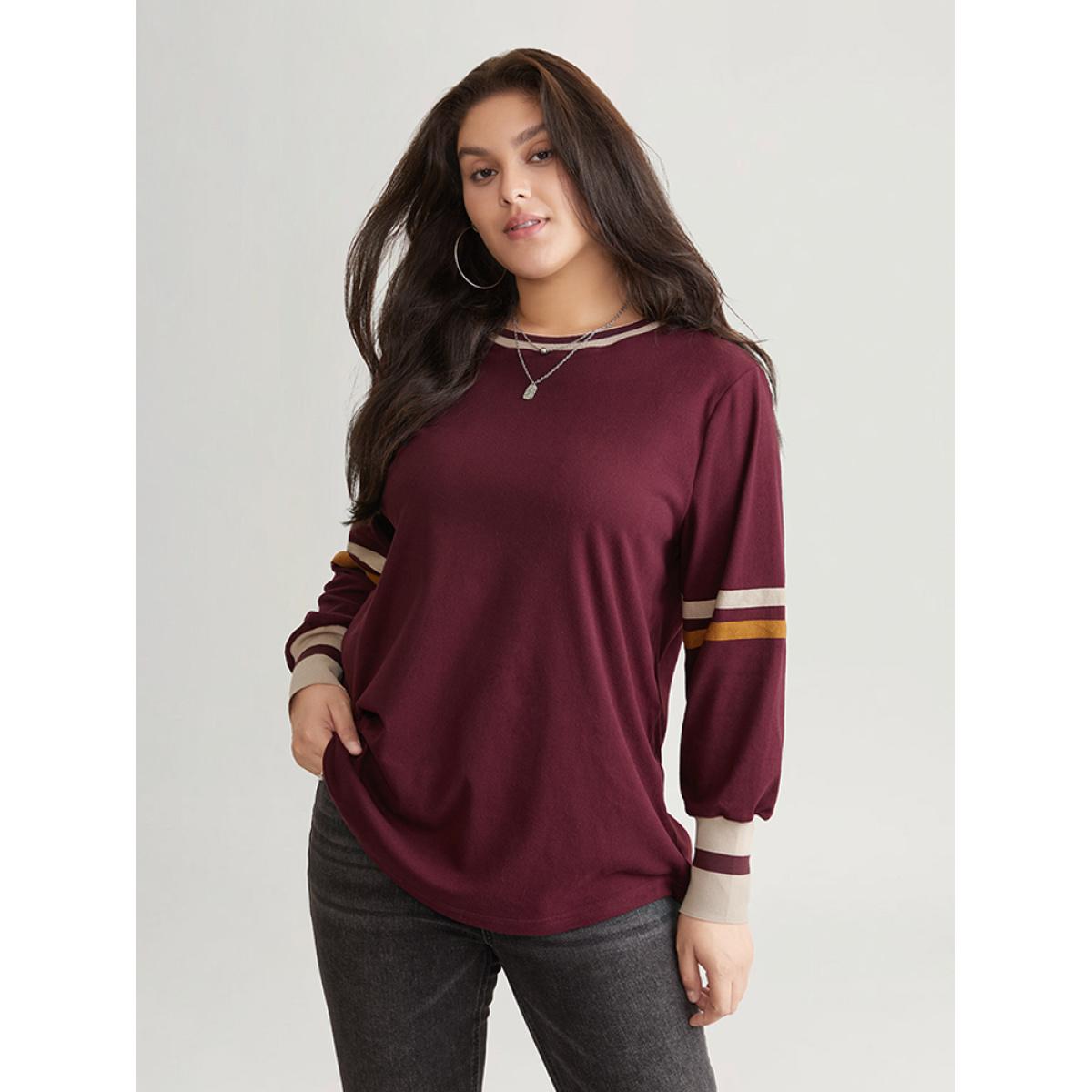 Plus Size Striped Contrast Round Neck Rib Knit Sweatshirt Women Burgundy Casual Contrast Round Neck Everyday Sweatshirts BloomChic 30/6X Product Image