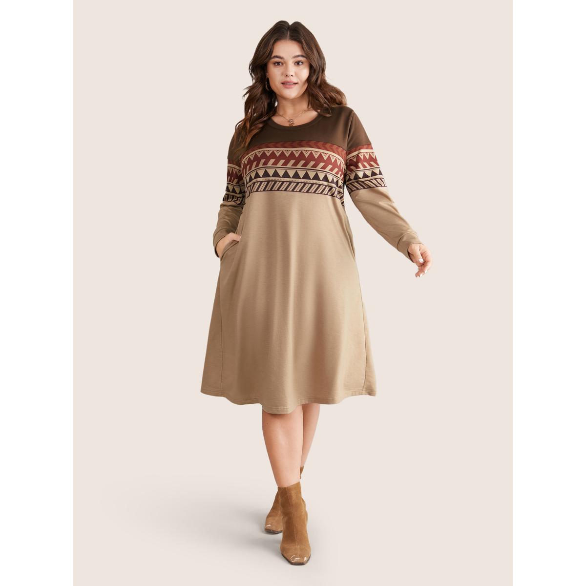 Plus Size Geometric Colorblock Pocket Midi Dress DarkBrown Women Casual Printed Round Neck Long Sleeve Curvy Midi Dress BloomChic 26/4X Product Image