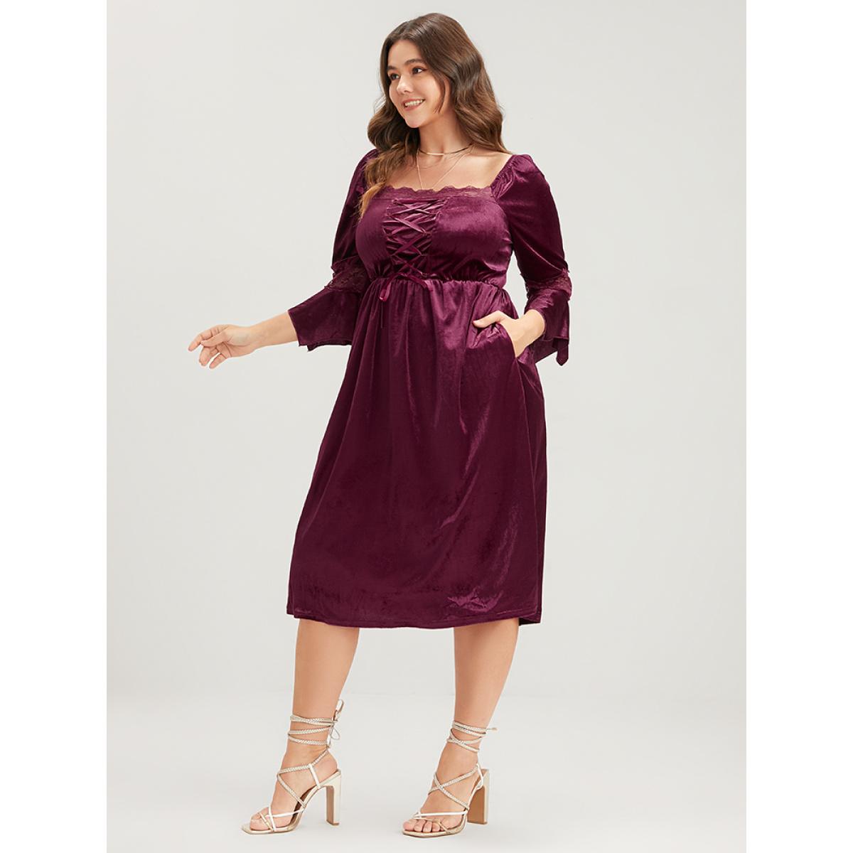 Plus Size Halloween Solid Velvet Bell Sleeve Pocket Contrast Lace Ties Midi Dress Burgundy Women Party Ribbon Square Neck Elbow-length sleeve Curvy Midi Dress BloomChic 22-24/3X Product Image