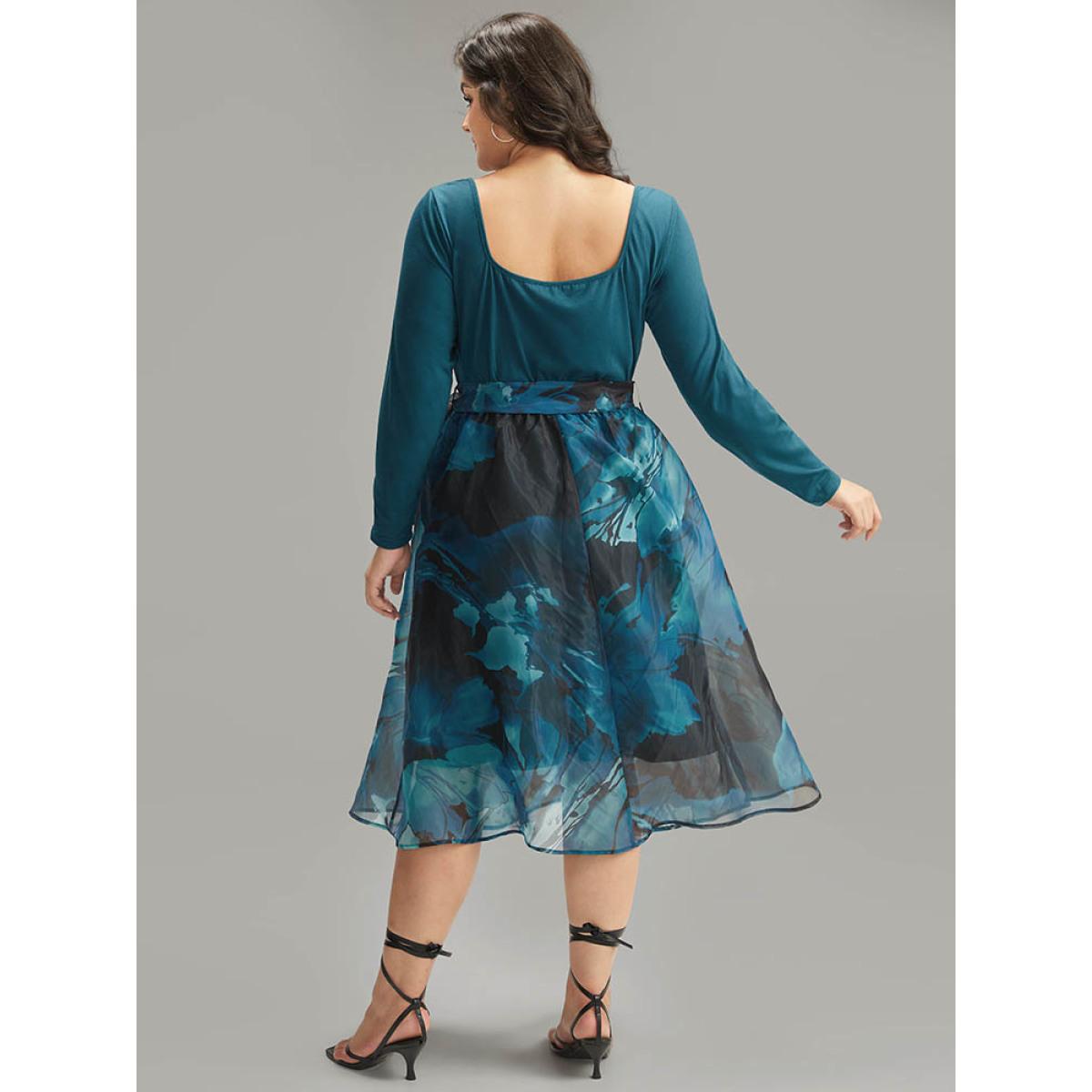 Plus Size Floral Square Neck Mesh Patchwork Belted Ruched Dress Aegean Women Elegant Belted Square Neck Long Sleeve Curvy Midi Dress BloomChic 22-24/3X Product Image