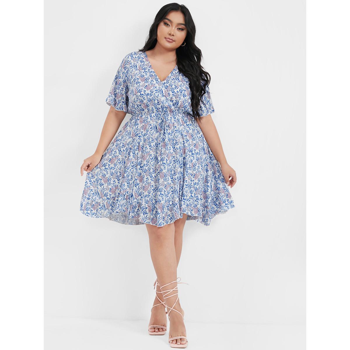Plus Size Ditsy Floral Ties Asymmetrical Ruffled V Neck Dress LightBlue Women Elegant Cross straps V-neck Short sleeve Curvy Knee Dress BloomChic 26/4X Product Image