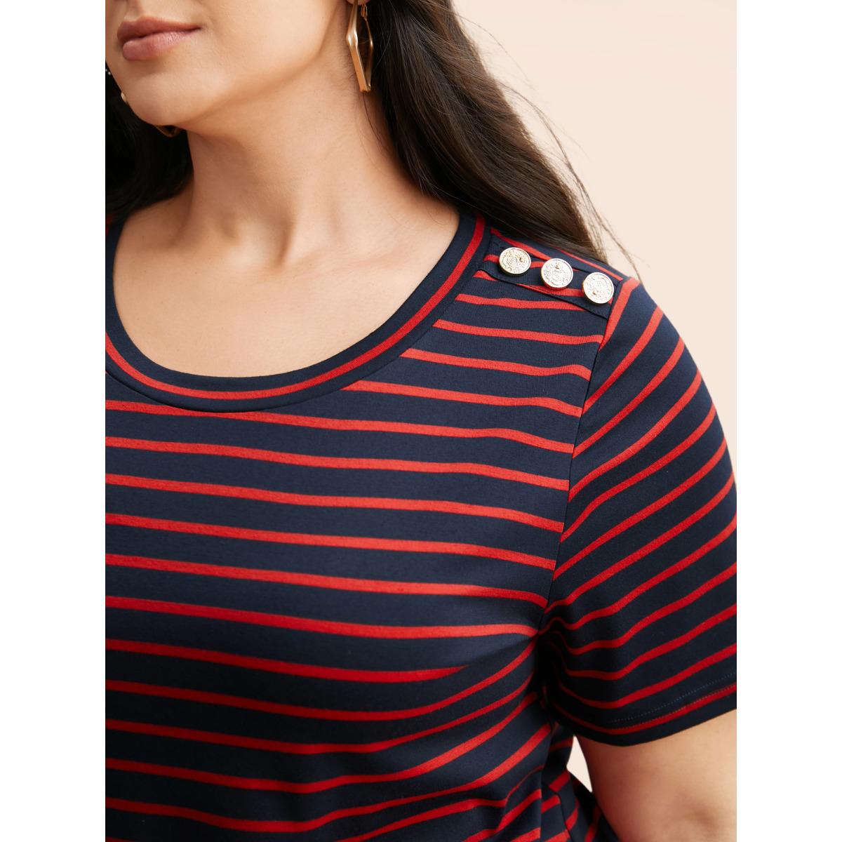 Plus Size Crew Neck Striped Button Detail T-shirt Midnight Women Casual Button Round Neck Everyday T-shirts BloomChic 26/4X Product Image