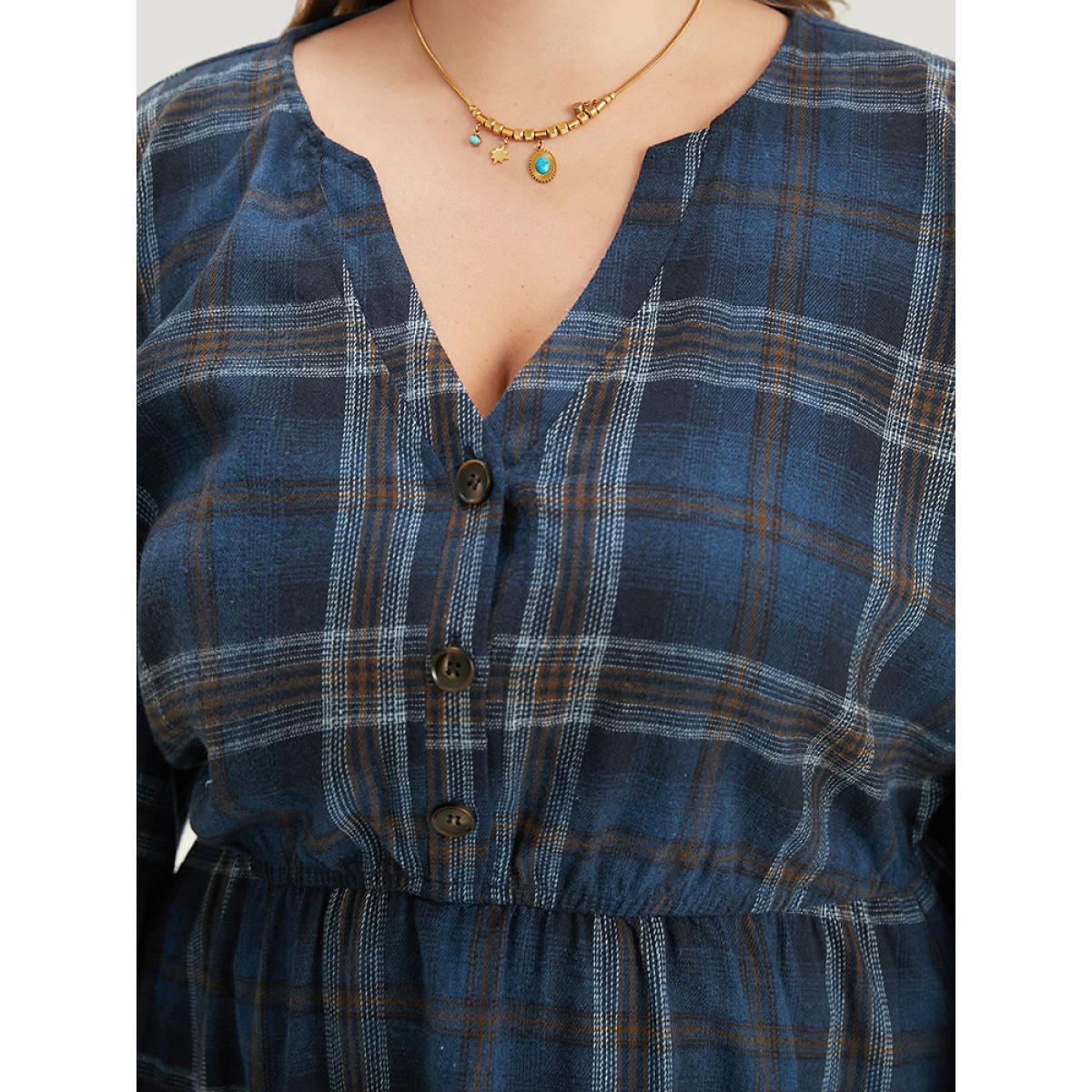 Plus Size Plaid Notched Button Up Lantern Sleeve Dress Aegean Women Casual Elastic cuffs Notched collar Long Sleeve Curvy Midi Dress BloomChic 14-16/1X Product Image