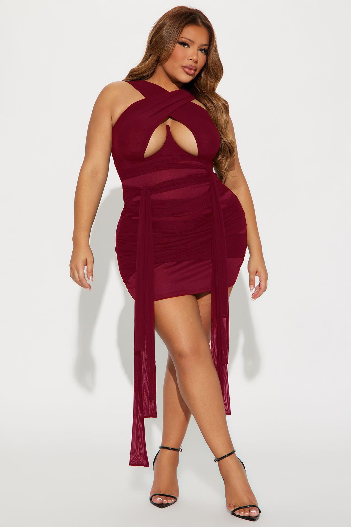 Tied To You Mesh Micro Mini Dress - DarkRed Female Product Image