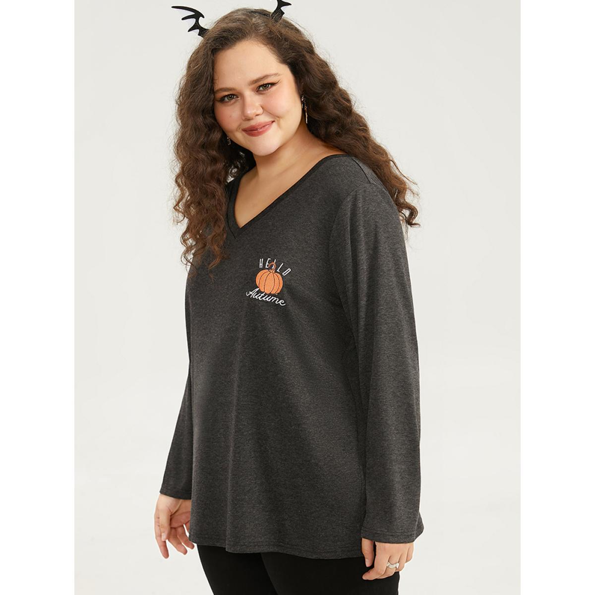 Plus Size Halloween Pumpkin Embroidered V Neck T-shirt DimGray Women Casual Embroidered Graphic-Halloween Festival-Halloween T-shirts BloomChic 26/4X Product Image