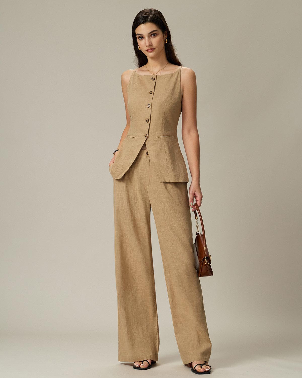 Brown Elastic Waist Pocket Straight Pants Product Image