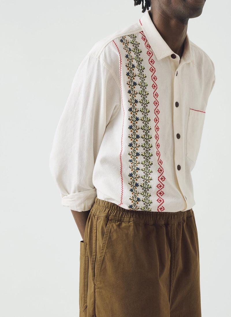 Embroidered Cross Stitch Cotton Shirt | Ecru Product Image