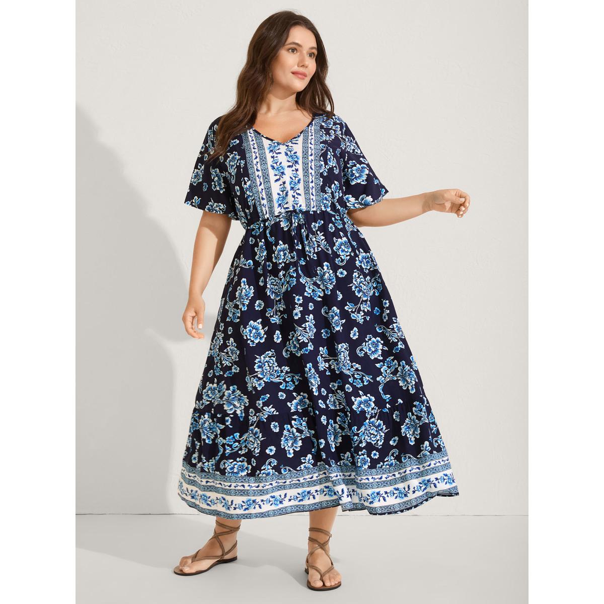 Plus Size Rayon Stretchy Waist Lace Midi Dress BlackFlower Women V-neck Short sleeve Curvy BloomChic 10/M Product Image