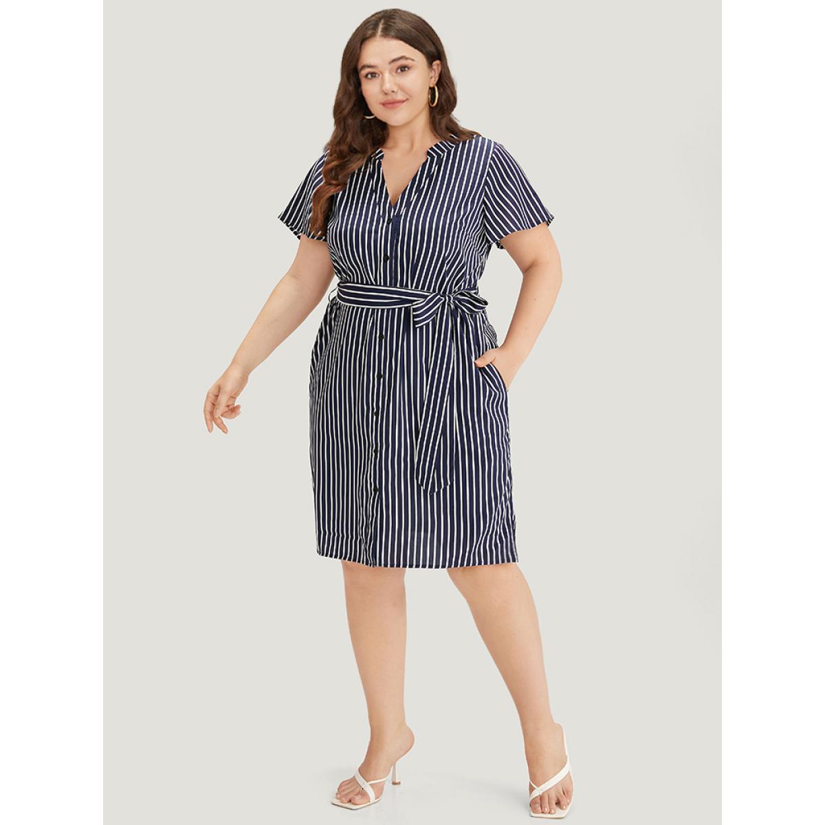 Plus Size Striped Pocket Button Through Belted Split Hem Dress Indigo Women Office Belted Notched collar Short sleeve Curvy Midi Dress BloomChic 10/M Product Image