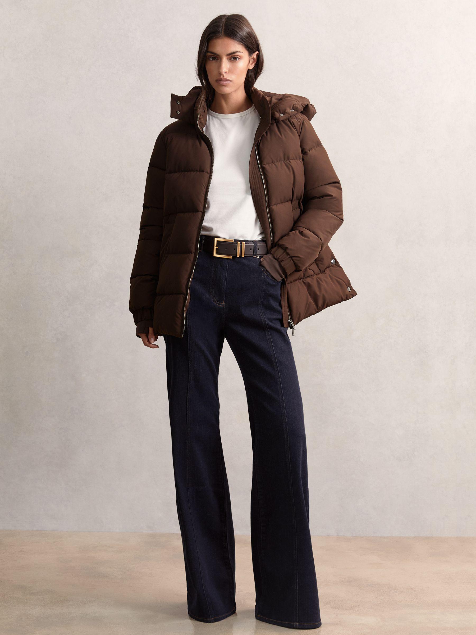 Short Hooded Puffer Coat in Chocolate Brown Product Image