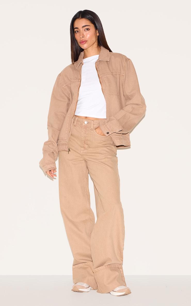 Taupe Boxy Contrast Seam Carpenter Denim Jacket Product Image