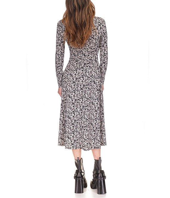 Michael Kors Printed Keyhole Chain Neckline Long Sleeve A-Line Midi Dress Product Image