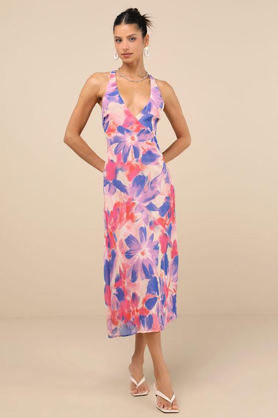 Delight in Elegance Blush Multi Floral Halter Cutout Midi Dress Product Image
