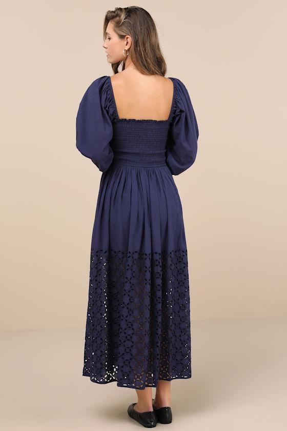 Yarella Dark Blue Smocked Midi Dress Product Image