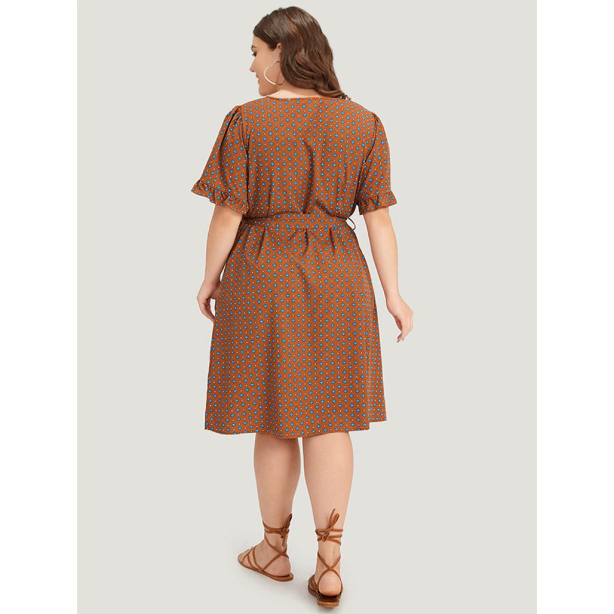 Plus Size Bandana Print Flutter Trim Pocket Belted Dress Chocolate Women Vacation Belted Round Neck Short sleeve Curvy Midi Dress BloomChic 14-16/1X Product Image